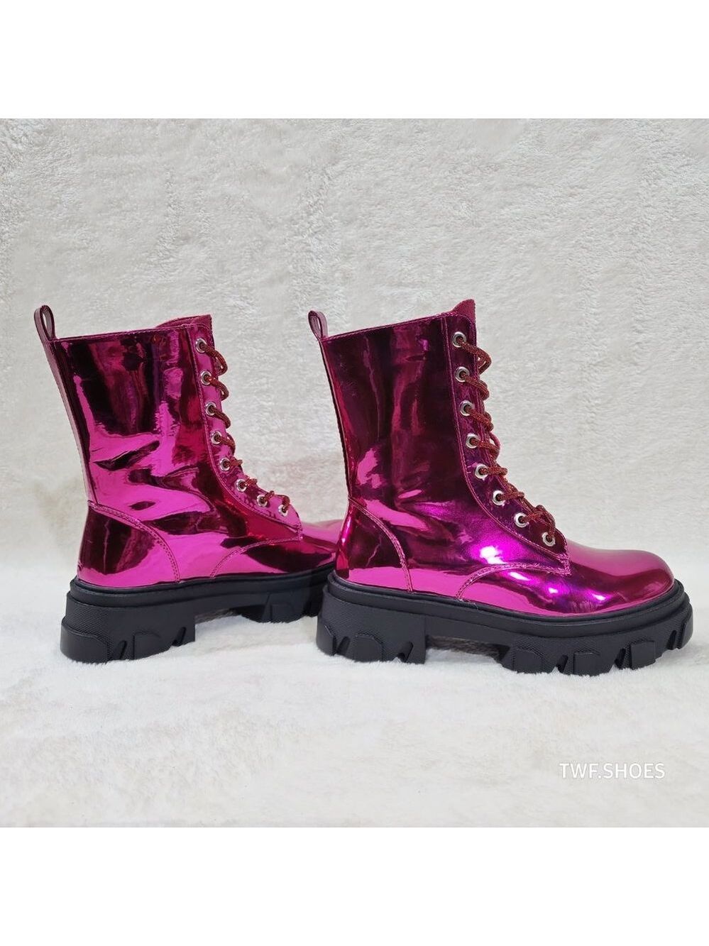 Size 6 Rowan Metallic Pink Combat Ankle Boots Rhinestone Tongue and Rope Lace - Picture 5 of 10